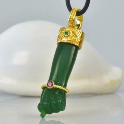 Gold Vermeil Sterling Mano Fico Figa Anhänger Chalcedon Smaragd Rhodolith 11,83g - Bild 1 von 4