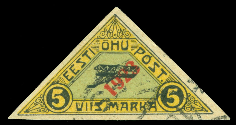 ЭСТОНИЯ 1923 АВИАПОЧТА - биплан - ovpt.  5 м желтый, зеленый Scott # C2 б/у VF - Изображение 1 из 1