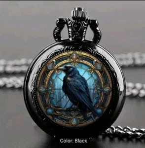 Reloj Bolsillo Pájaro Cuervo Cromo Negro Cuarzo Peso Ligero Collar Mini Cuervo - Imagen 1 de 6