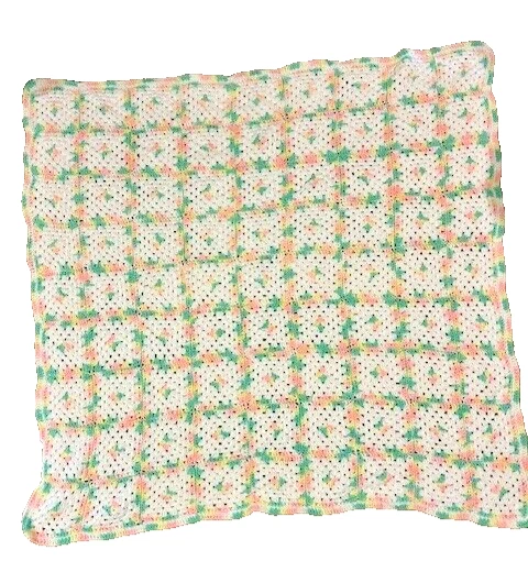 Cobertor de bebê quadrado feito à mão de crochê afegão verde amarelo rosa branco da vovó - Imagem 1 de 4