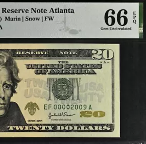 2004 $20 Federal Reserve Note PMG 66EPQ Gem Birthday Low Serial Number 00002009 - Picture 1 of 3