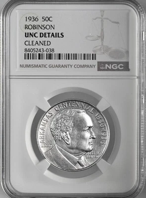 1936  50C ROBINSON SILVER HALF DOLLAR  NGC UNC DETAILS "CLEANED"  #8405243-038 - Image 1 of 4