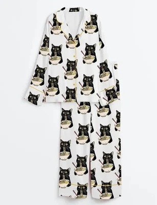 Conjunto de pijama feminino de cetim macarrão gato, roupa de dormir fofa manga longa - Imagem 1 de 4