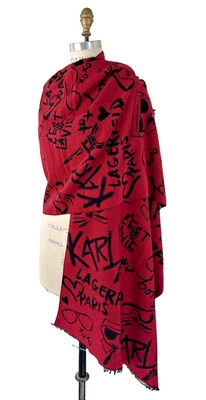 NUEVO CON ETIQUETAS Karl Lagerfeld Paris Bufanda Reversible Envoltura Rojo Negro Gato Torre Eiffel Foto 1 de 4