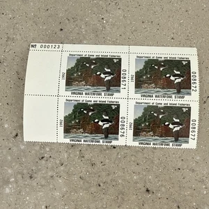 1992 Virgina Duck Stamp Plate Block Of 4 Block Number 000123 MNH - Picture 1 of 5