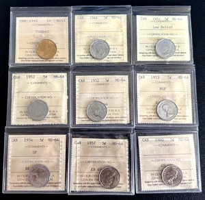 Canadá 🇨🇦 1942 a 1960 - Lote de 9 monedas 5 centavos - Todas ICCS MS-64 - Imagen 1 de 5