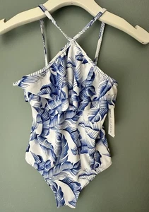 Janie and Jack Girl's Blue & White Recycled Floral Rosette Ruffle Swimsuit SZ 8 - Picture 1 of 6