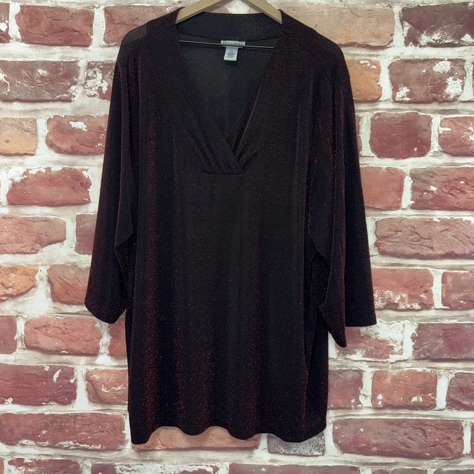 Catherines Топ женщин 3 X черный красный металлический эластичный блестящий туника рубашка - Изображение 1 из 4