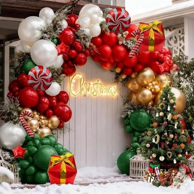 Christmas Balloons Garland Arch Kit, Double Stuffed Dark Green Red Gold Pearl... - Image 1 of 4