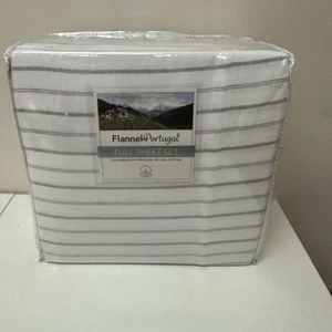 Flannel From Portugal 100% Cotton Full Size Sheet Set White Grey Stripe NEW - Picture 1 of 9