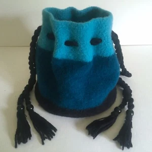 HAND KNIT HAND FELTED WOOL AQUA BLACK OMBRE STRIPE DESIGNER HOBO HANDBAG PURSE - Picture 1 of 11
