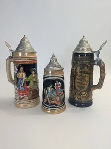 3 Vintage Gerz German Made Beerstein Mugs With Lids - Picture 1 of 7