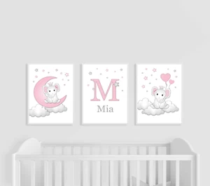 Elephant Nursery Prints, Set of 3, Pink and Grey, Personalised Baby Girl Moon - Picture 1 of 9