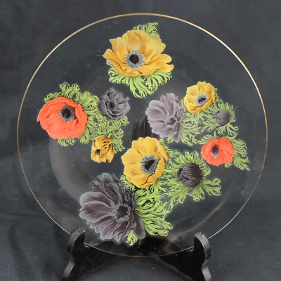 Plato de servir floral con estampado de transferencia de vidrio transparente POPPY redondo con borde dorado Foto 1 de 4