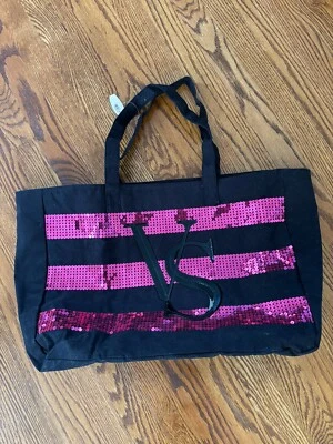 Victoria’s Secret Black With Pink Sequin XL Tote Stripe Limited Edition Top Zip - Image 1 of 4