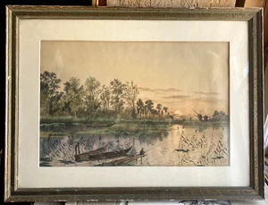 ::AQUARELL UNLESERLICH SIGNIERT UM 1890 ANGLER IM BOOT MOOR SONNENUNTERGANG - Bild 1 von 7
