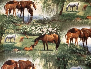Coloridos caballos y potros en tela Green Fields de Clayton Weirs 2 FQ OOP - Imagen 1 de 2