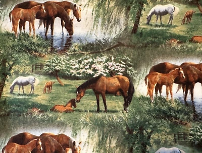 Colorful Horses and Foals in Green Fields Fabric by Clayton Weirs 2 FQ  OOP - Image 1 of 2