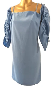 RIVER ISLAND womens light blue Ruched Sleeve cold shoulder mini dress size 14 - Picture 1 of 12