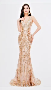 Women's V-Neck Sequins Sleeveless Lace-Up Mermaid Evening Dress  Size 6   T2383 - Picture 1 of 21