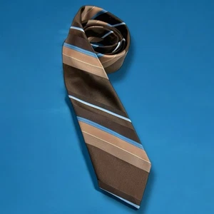 1980's Vintage Striped Brown Tan Blue Silk Blend Necktie Tie Retro Grandpacore - Picture 1 of 6