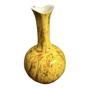 Florero de cerámica MCM de colección amarillo naranja marrón esmalte salpicaduras por goteo 9" LEER - Imagen 1 de 6