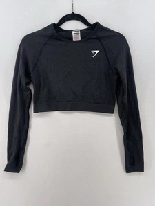 Gymshark Top Women’s L Black Cropped Long Sleeve Logo Gym Casual Athleisure - Picture 1 of 12