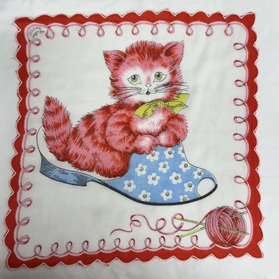 Lenço vintage novidade Hankie gato gatinho floral agulhas de tricô recortadas - Imagem 1 de 4