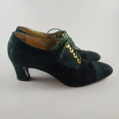 Escada Green Black Suede Lace-Up Bootie Heels Pump Size 5.5 M Gold Accent Wicked - Image 1 of 4