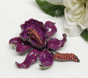 SILVER TONE, PURPLE ENAMEL & RED RHINESTONE IRIS FLOWER BROOCH - Picture 1 of 3