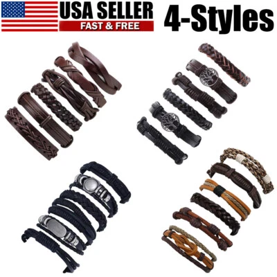 6/12PCS Men Women Braided Leather Rope Bracelet Set Wristband Bangle Tribal - Image 1 of 4