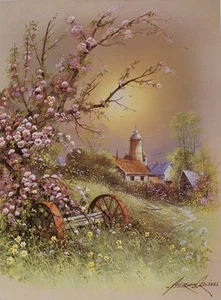 Spring Barn by Andres Orpinas Country Scene Flowers Blossoms Landscape 12x16  - Picture 1 of 1