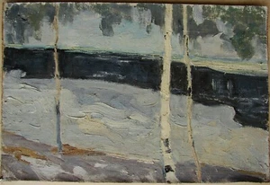 Ukrainian Soviet USSR Oil Painting impressionism river winter birch trees snow - Picture 1 of 7