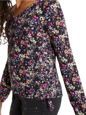 Justice Girls Top Black 10 Soft Rib Pullover Side Lace Up Colorful Flowers - Image 1 of 4