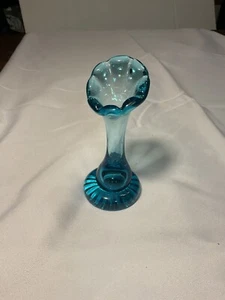 Glass Swung Bud Vase 5 1/2” Tall Blue Ruffle Edge With Bubbles In Base - Picture 1 of 6