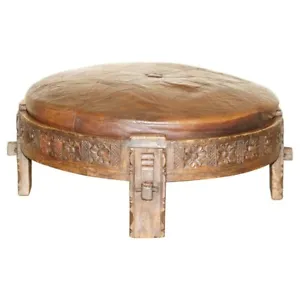 ANTIQUE CIRCA 1850 HAND CARVED BROWN LEATHER OLIVE PRESS COVERTED TO FOOTSTOOL - Picture 1 of 13