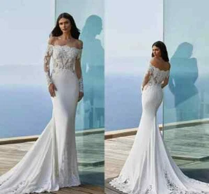 Modern Mermaid Wedding Dresses Long Sleeve Lace Appliqued Beach Boho Bridal Gown - Picture 1 of 5