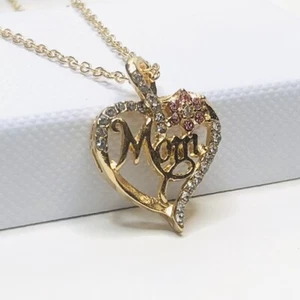 Women Heart Flower Mom Rhinestone Pendant Necklace Mother's Day Gift Golden New - Picture 1 of 6