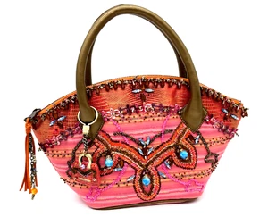 Vintage Mary Frances Southwest Sunset Pink Turquoise Crystal Beaded Silk Purse - Picture 1 of 24