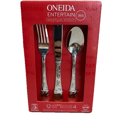Oneida Snowflake Wishes Stainless Flatware Christmas 12 Piece Set Service For 4 - Image 1 of 4