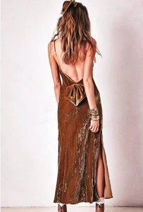LoveShackFancy KATE SLIP Crushed Velvet CYPRESS Gold Strappy Bow Dress Sz M - Picture 1 of 18