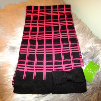 KATE SPADE SCUBA RASPBERRY BLACK STRIPE BOW MUFFLER SCARF- $68+ - Image 1 of 4