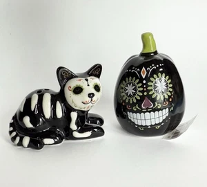 Cracker Barrel Dia de los Muertos Tag der Toten Katze Kürbis Salz Pfefferstreuer - Bild 1 von 4