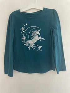 Jumping Beans Kids Girls Silver Glitter Sequin Unicorn Long Sleeve Shirt Teal 7 - Picture 1 of 5