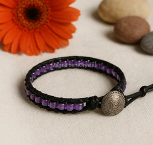 Natural Amethyst Hematite Ladder Purple Leather Bracelet Unisex Jewelry Gifts - Picture 1 of 6