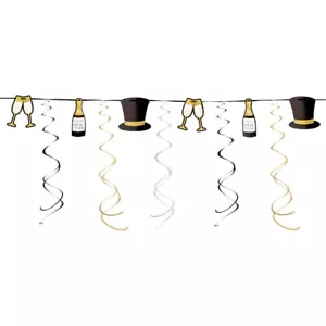 New Years Eve Garland Champage Top Hat Glasses Black Silver Gold Swirls - Picture 1 of 1