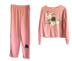Vintage Nachtwäsche Pyjama Set kleine rosa Katze Tier Oberteil und Hose - Bild 1 von 11