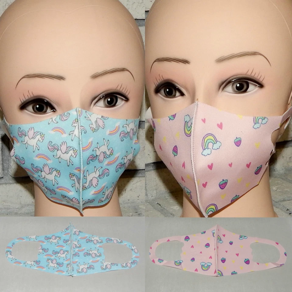 LOT OF 2 KIDS GIRLS BOYS UNICORN & RAINBOWS WASHABLE STRETCH FACE MASK INDIANA - Image 1 of 1