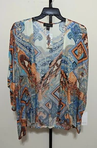 Giacca Karen Kane donna più drappeggio tropicale paisley aperta blu/arancione 1X $148 - Foto 1 di 8
