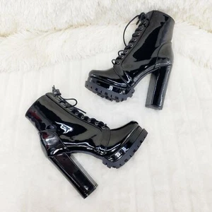 Wild Diva Vivian Black Patent Chunky Heel Platform Ankle Boots Go To Boots - Picture 1 of 11